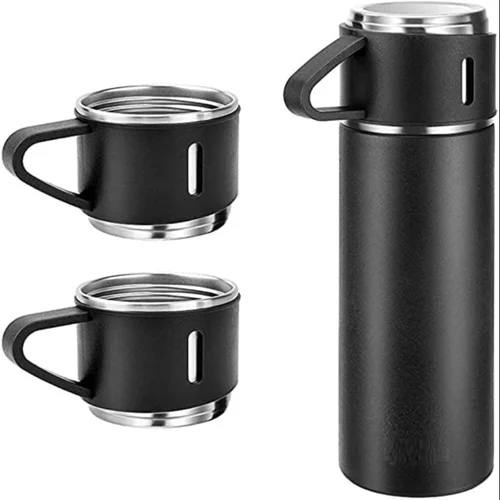 Stainless Steel Thermo Vacuum Insulated Bottle with 3 Cups for Hot & Cold Drinks Portable Water Flask with Cups (500ml)